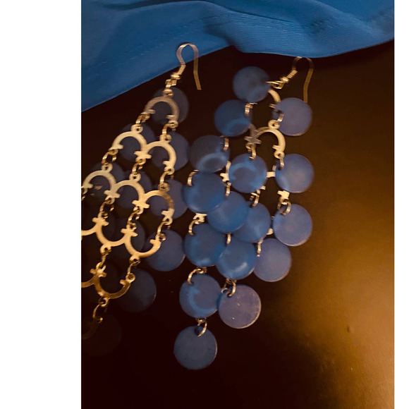 Vintage Shell Chandelier Statement Earrings Royal Blue 5 Inch Dangle Drop - Picture 3 of 7